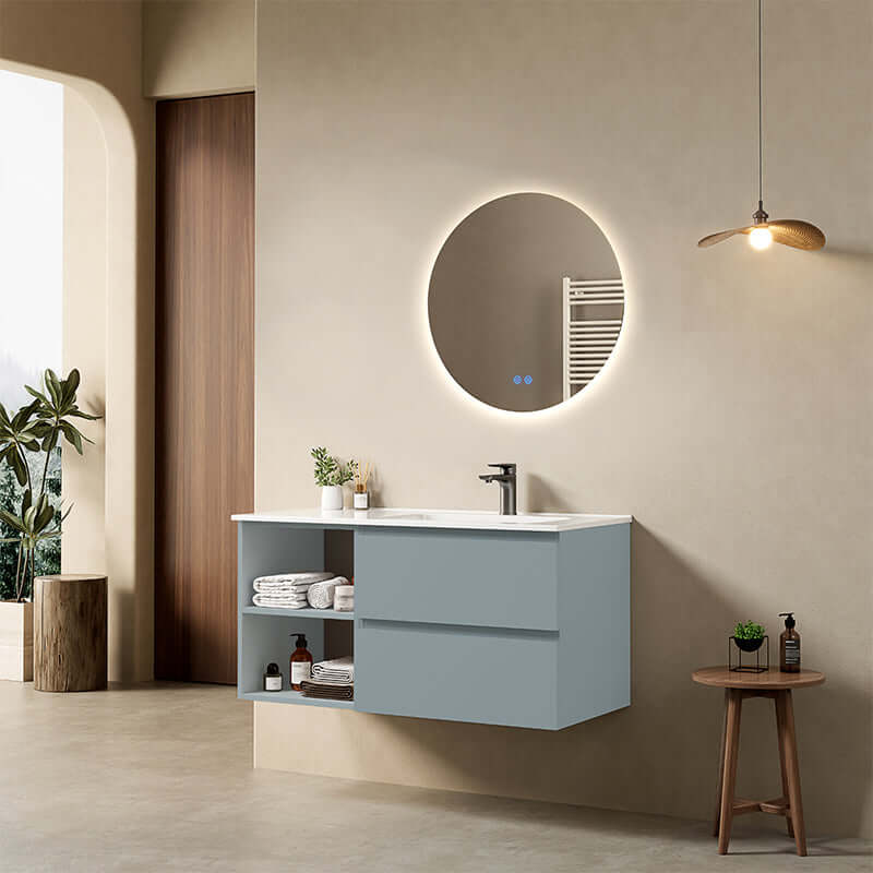 Mobile bagno sospeso 100 cm Blu Avio Lavabo a Destra in Ceramica Specchio Tondo Retroilluminato - Fiji Paint Plus
