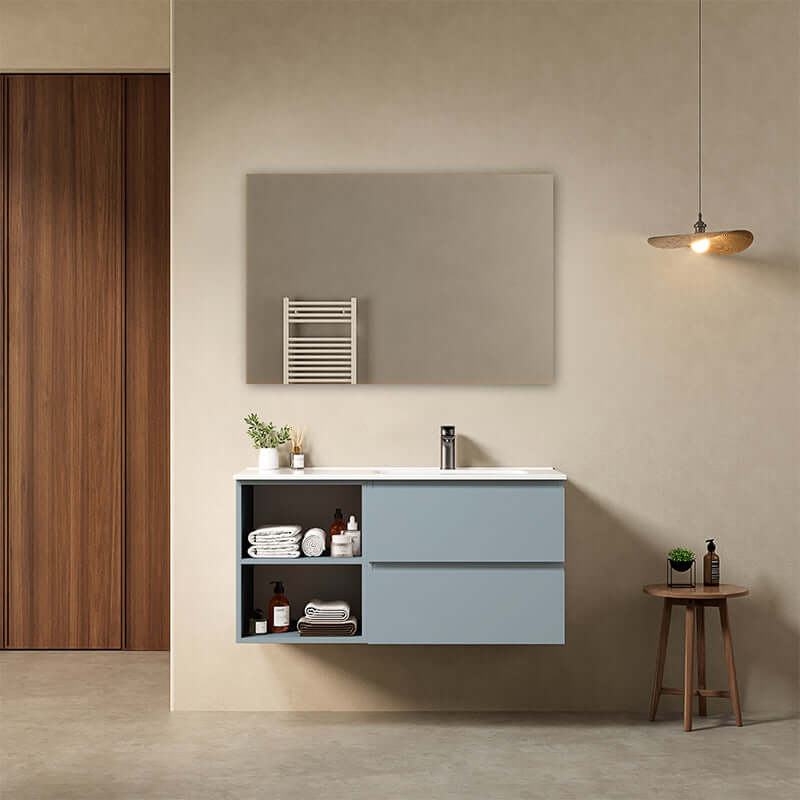 Mobile bagno sospeso 100 cm Blu Avio Lavabo a Destra in Ceramica Specchio Quadro - Fiji Paint Plus