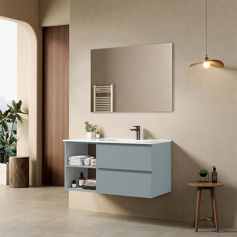 Mobile bagno sospeso 100 cm Blu Avio Lavabo a Destra in Ceramica Specchio Quadro - Fiji Paint Plus