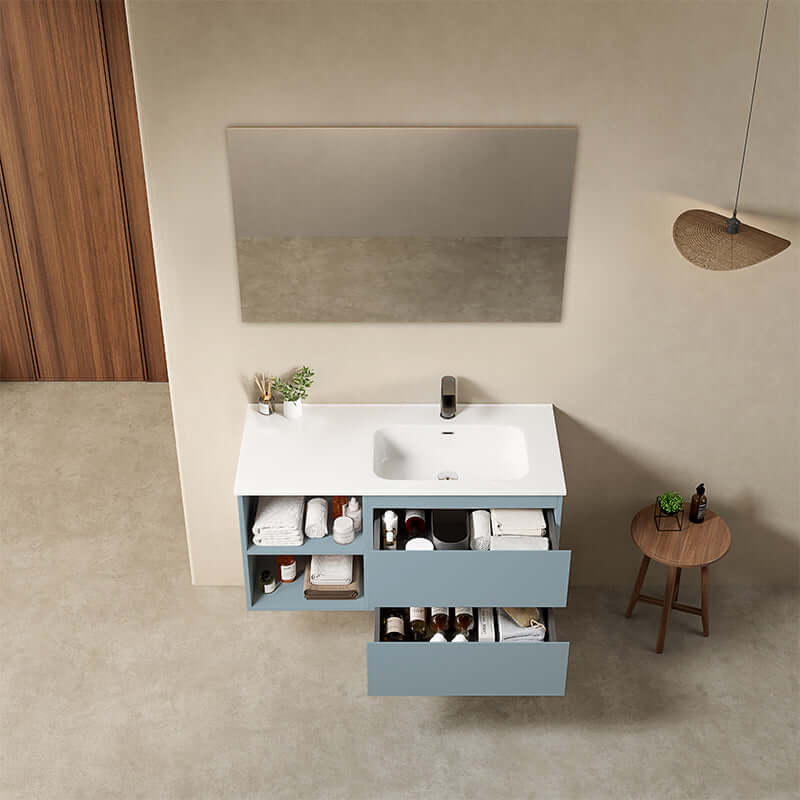 Mobile bagno sospeso 100 cm Blu Avio Lavabo a Destra in Ceramica Specchio Quadro - Fiji Paint Plus
