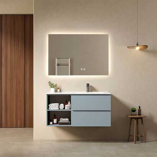 Mobile bagno sospeso 100 cm Blu Avio Lavabo a Destra in Ceramica Specchio Quadro Retroilluminato - Fiji Paint Plus