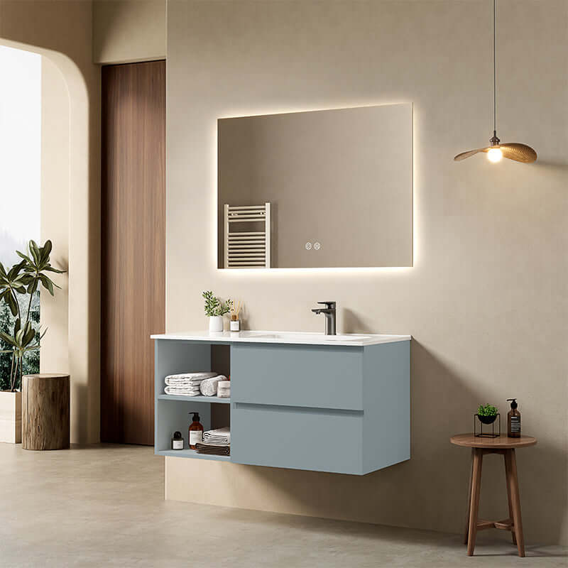 Mobile bagno sospeso 100 cm Blu Avio Lavabo a Destra in Ceramica Specchio Quadro Retroilluminato - Fiji Paint Plus