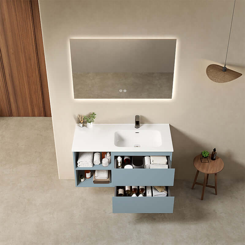Mobile bagno sospeso 100 cm Blu Avio Lavabo a Destra in Ceramica Specchio Quadro Retroilluminato - Fiji Paint Plus