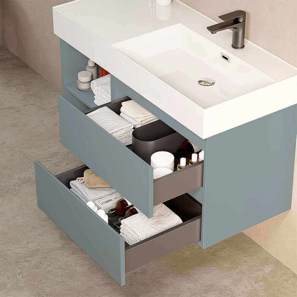 Mobile bagno sospeso 100 cm Blu Avio Lavabo a Destra in Resina Senza Specchio - Fiji Paint Plus