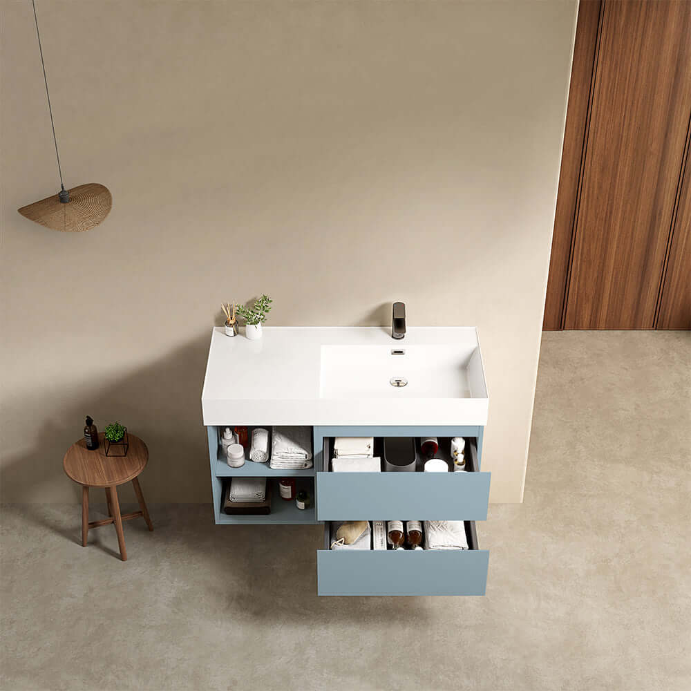 Mobile bagno sospeso 100 cm Blu Avio Lavabo a Destra in Resina Senza Specchio - Fiji Paint Plus