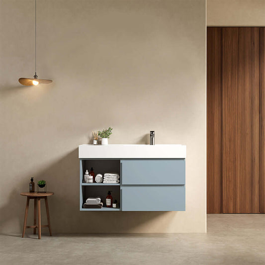 Mobile bagno sospeso 100 cm Blu Avio Lavabo a Destra in Resina Senza Specchio - Fiji Paint Plus