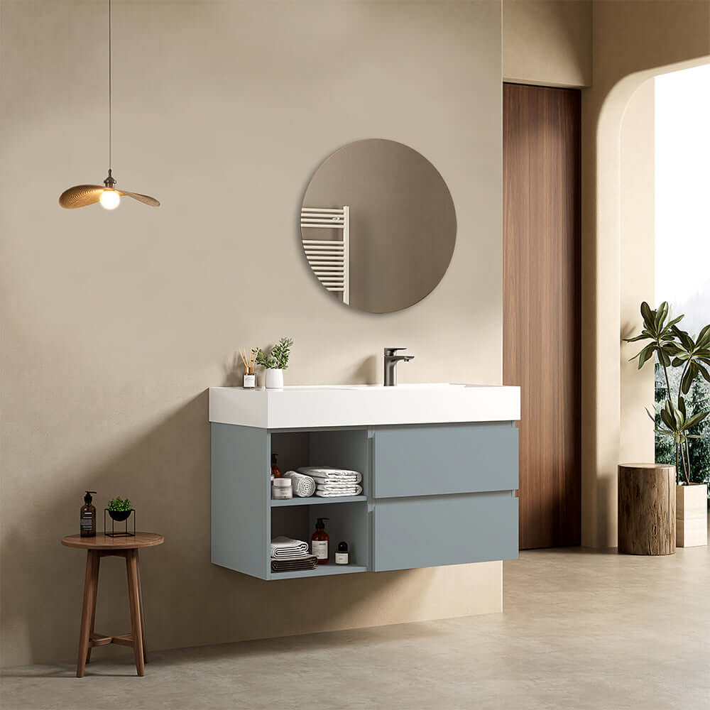 Mobile bagno sospeso 100 cm Blu Avio Lavabo a Destra in Resina Specchio Tondo - Fiji Paint Plus
