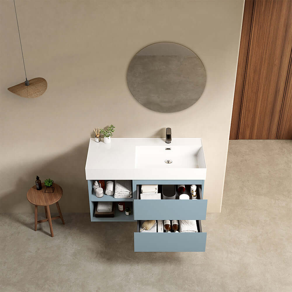 Mobile bagno sospeso 100 cm Blu Avio Lavabo a Destra in Resina Specchio Tondo - Fiji Paint Plus