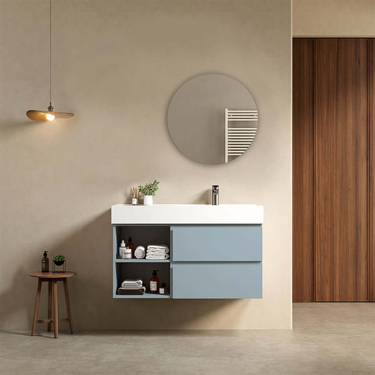 Mobile bagno sospeso 100 cm Blu Avio Lavabo a Destra in Resina Specchio Tondo - Fiji Paint Plus