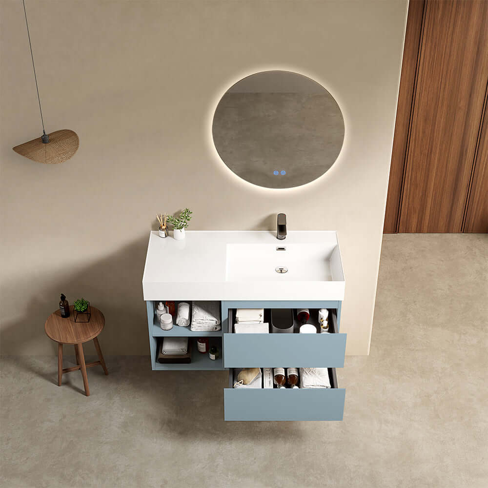 Mobile bagno sospeso 100 cm Blu Avio Lavabo a Destra in Resina Specchio Tondo Retroilluminato - Fiji Paint Plus