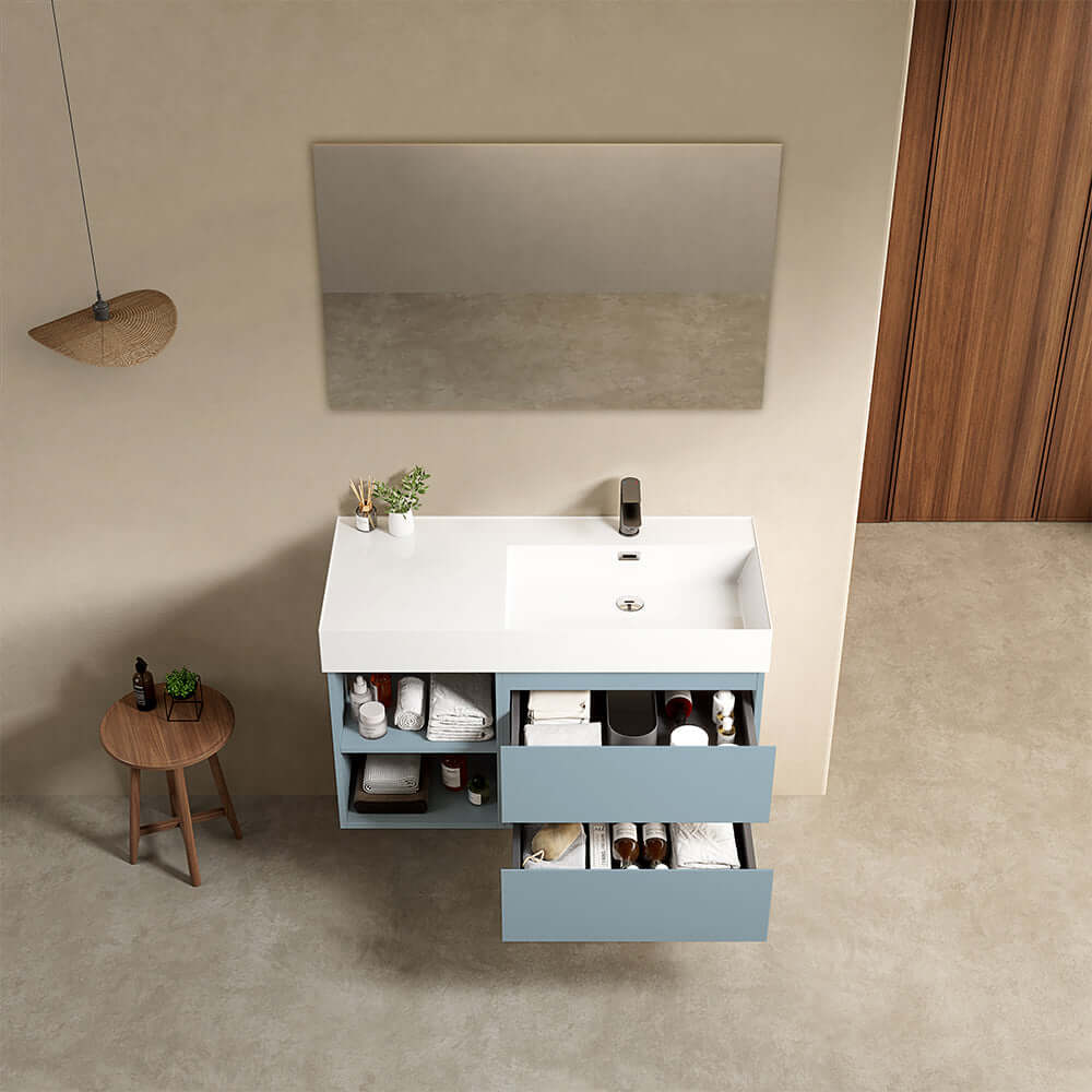Mobile bagno sospeso 100 cm Blu Avio Lavabo a Destra in Resina Specchio Quadro - Fiji Paint Plus