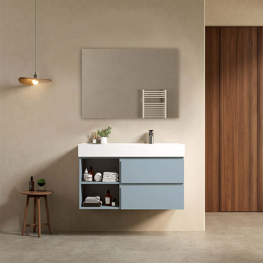 Mobile bagno sospeso 100 cm Blu Avio Lavabo a Destra in Resina Specchio Quadro - Fiji Paint Plus