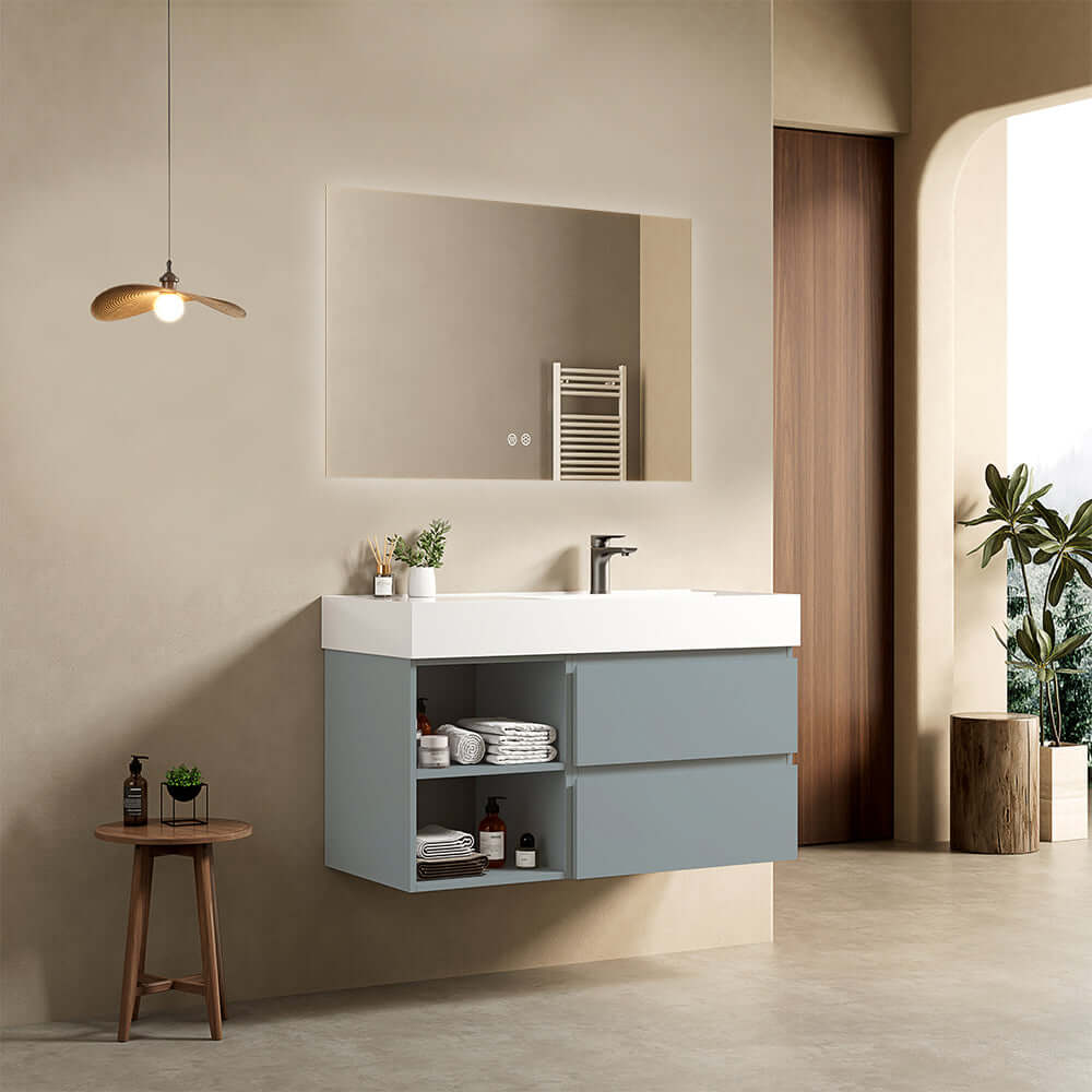 Mobile bagno sospeso 100 cm Blu Avio Lavabo a Destra in Resina Specchio Quadro Retroilluminato - Fiji Paint Plus