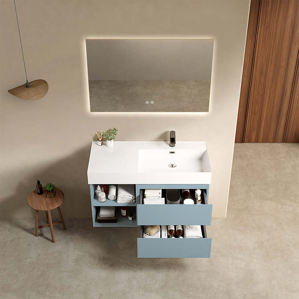 Mobile bagno sospeso 100 cm Blu Avio Lavabo a Destra in Resina Specchio Quadro Retroilluminato - Fiji Paint Plus