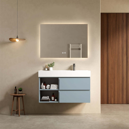 Mobile bagno sospeso 100 cm Blu Avio Lavabo a Destra in Resina Specchio Quadro Retroilluminato - Fiji Paint Plus