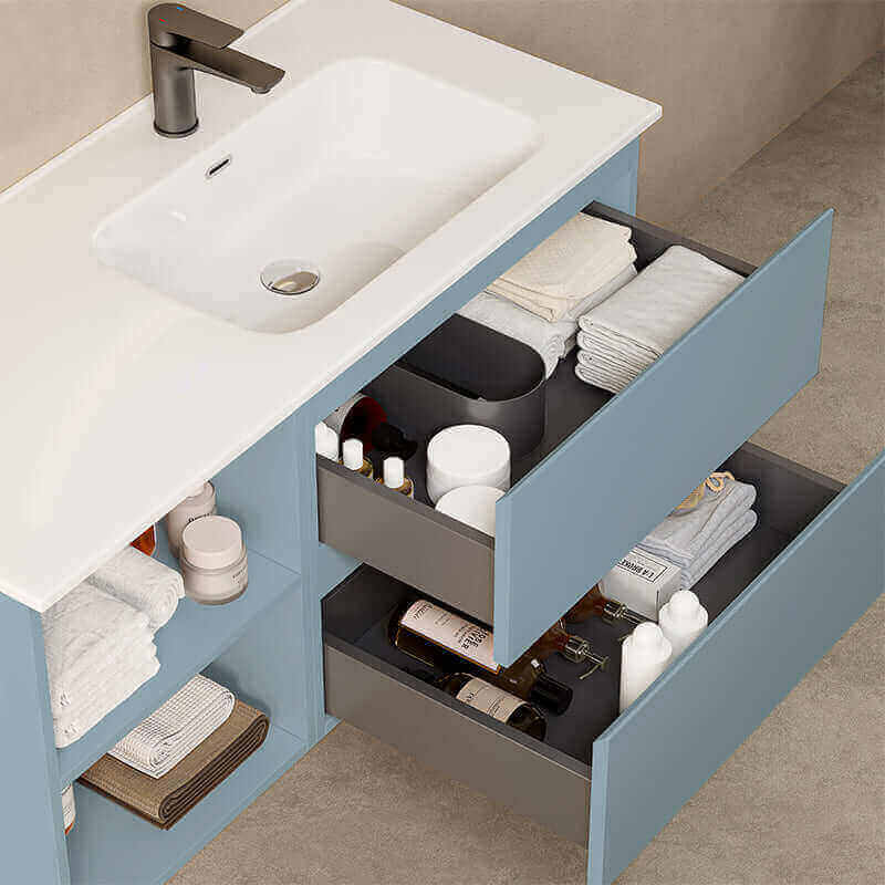 Mobile bagno sospeso 100 cm Blu Avio Lavabo a Destra in Ceramica Specchio Quadro Retroilluminato - Fiji Paint Plus