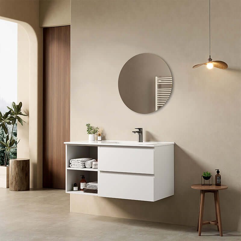 Mobile bagno sospeso 100 cm Bianco Opaco Lavabo a Destra in Ceramica Specchio Tondo - Fiji Paint Plus