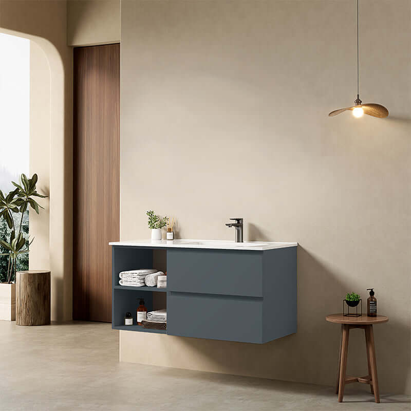 Mobile bagno sospeso 100 cm Blu Mare Lavabo a Destra in Ceramica Senza Specchio - Fiji Paint Plus