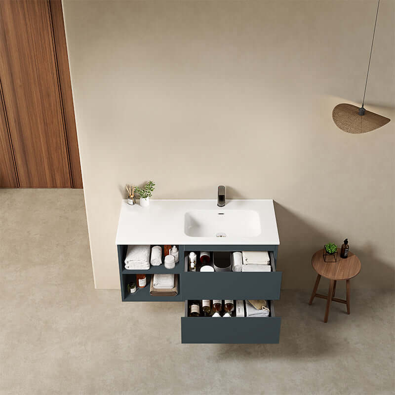 Mobile bagno sospeso 100 cm Blu Mare Lavabo a Destra in Ceramica Senza Specchio - Fiji Paint Plus