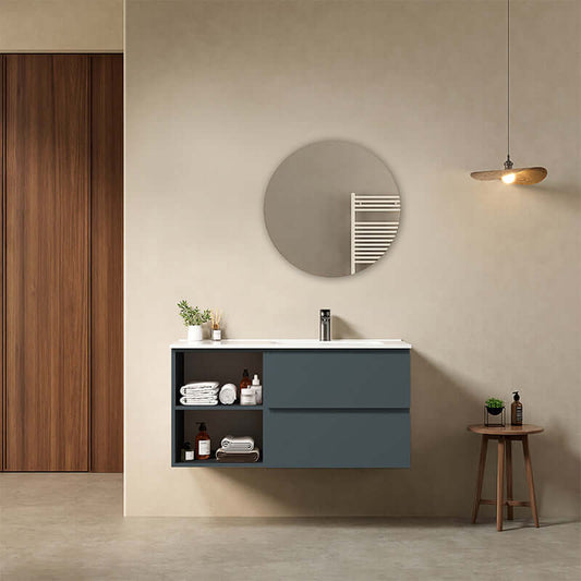 Mobile bagno sospeso 100 cm Blu Mare Lavabo a Destra in Ceramica Specchio Tondo - Fiji Paint Plus
