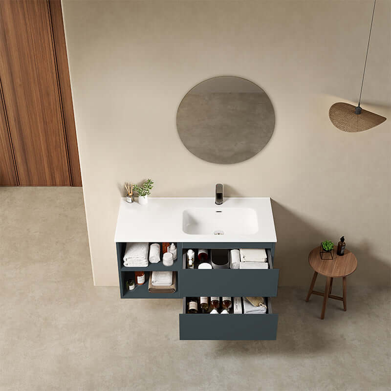 Mobile bagno sospeso 100 cm Blu Mare Lavabo a Destra in Ceramica Specchio Tondo - Fiji Paint Plus