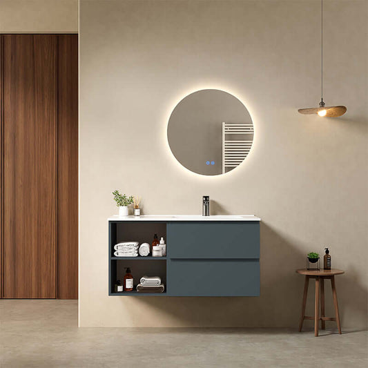 Mobile bagno sospeso 100 cm Blu Mare Lavabo a Destra in Ceramica Specchio Tondo Retroilluminato - Fiji Paint Plus