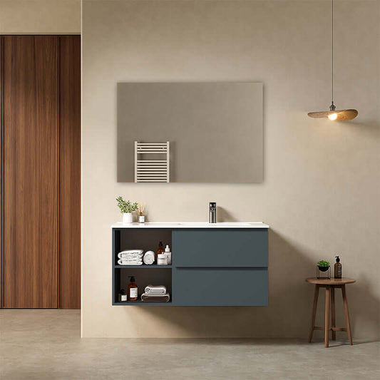 Mobile bagno sospeso 100 cm Blu Mare Lavabo a Destra in Ceramica Specchio Quadro - Fiji Paint Plus