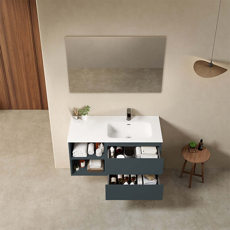Mobile bagno sospeso 100 cm Blu Mare Lavabo a Destra in Ceramica Specchio Quadro - Fiji Paint Plus