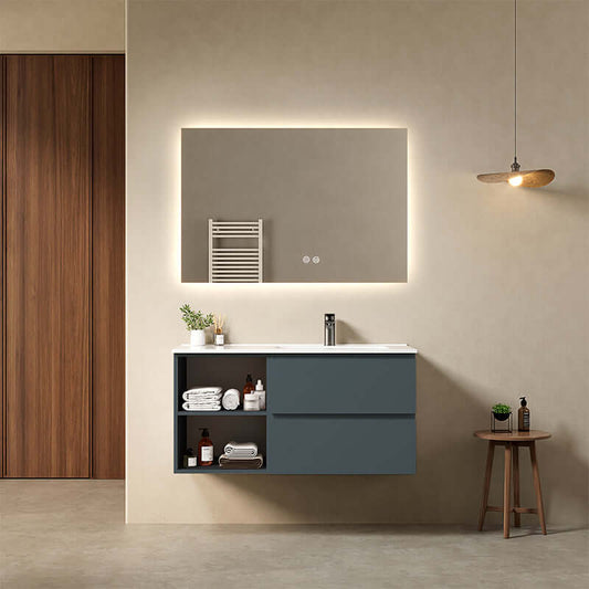 Mobile bagno sospeso 100 cm Blu Mare Lavabo a Destra in Ceramica Specchio Quadro Retroilluminato - Fiji Paint Plus