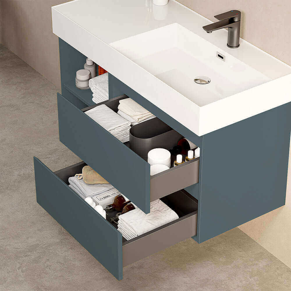 Mobile bagno sospeso 100 cm Blu Mare Lavabo a Destra in Resina Senza Specchio - Fiji Paint Plus