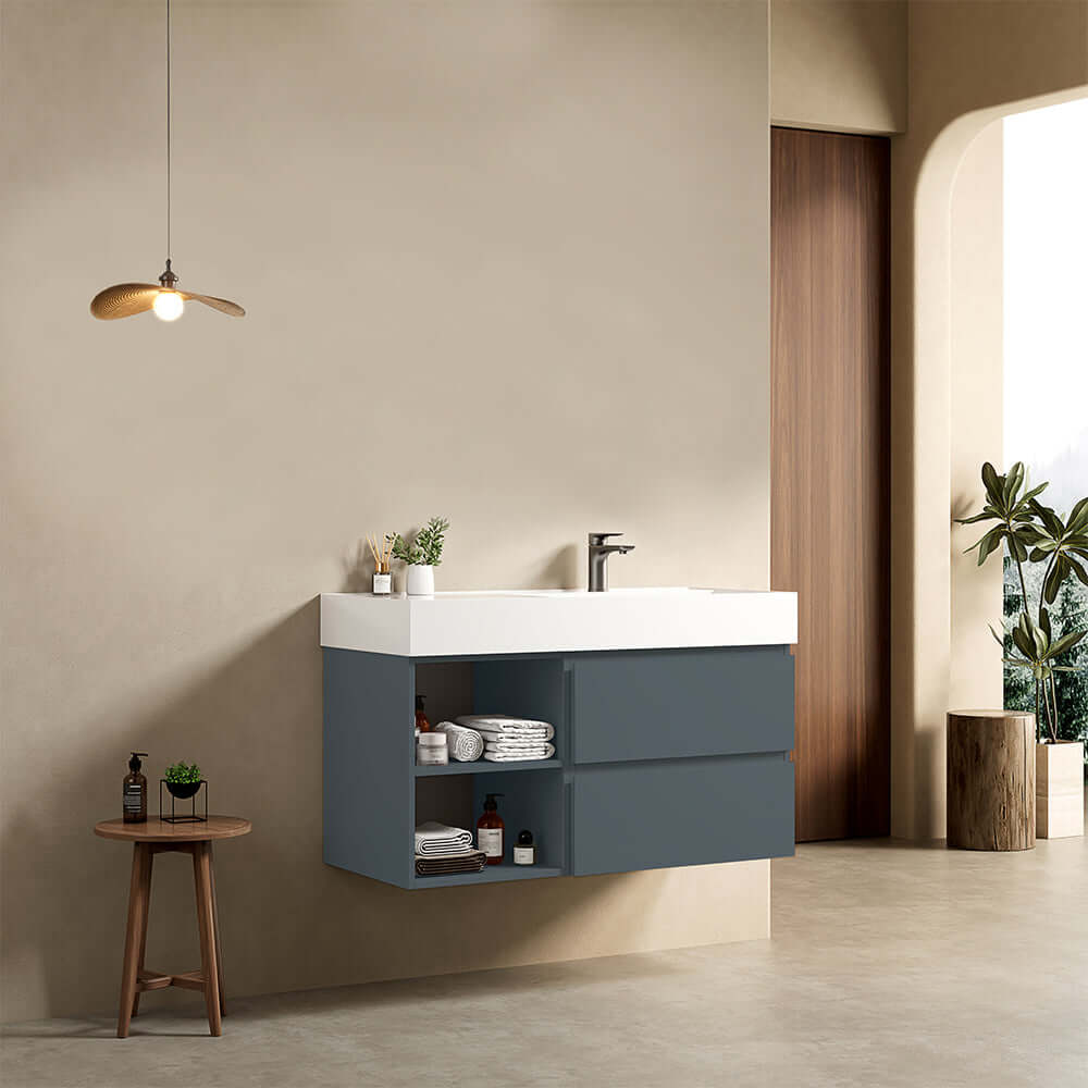 Mobile bagno sospeso 100 cm Blu Mare Lavabo a Destra in Resina Senza Specchio - Fiji Paint Plus