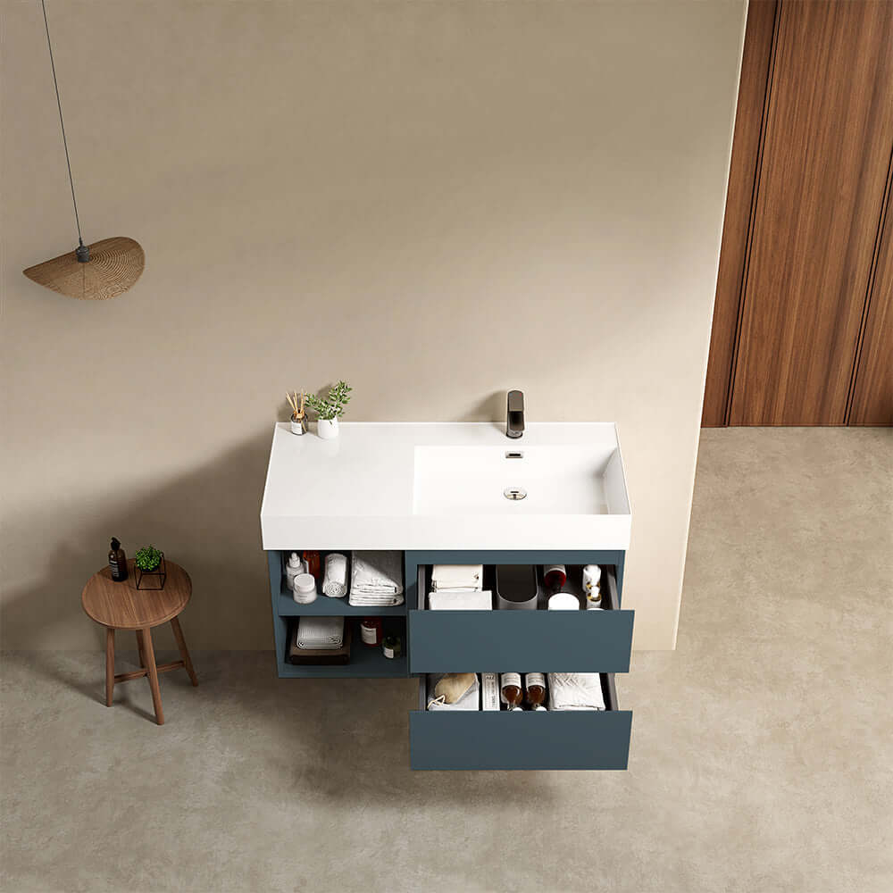 Mobile bagno sospeso 100 cm Blu Mare Lavabo a Destra in Resina Senza Specchio - Fiji Paint Plus