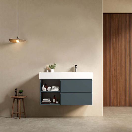 Mobile bagno sospeso 100 cm Blu Mare Lavabo a Destra in Resina Senza Specchio - Fiji Paint Plus