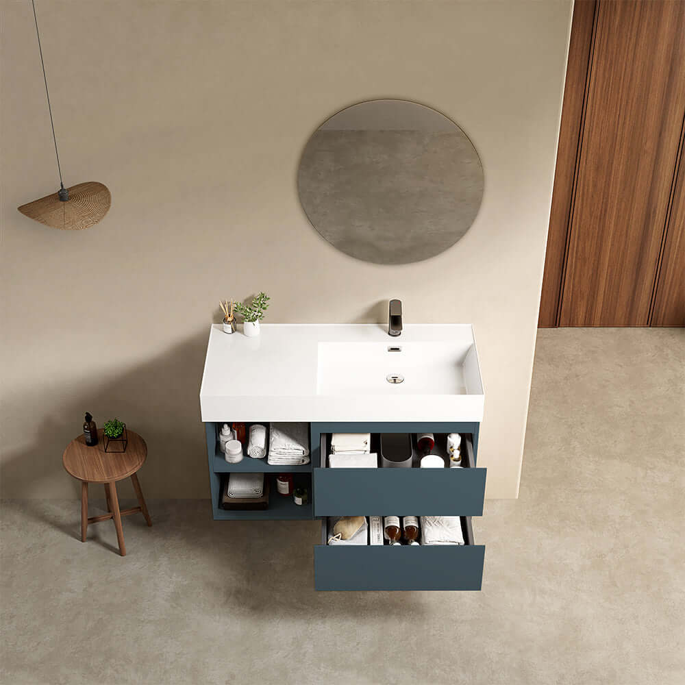 Mobile bagno sospeso 100 cm Blu Mare Lavabo a Destra in Resina Specchio Tondo - Fiji Paint Plus