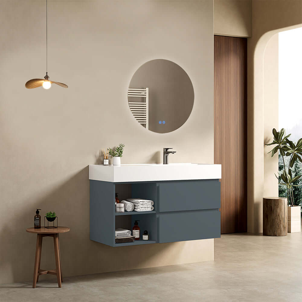 Mobile bagno sospeso 100 cm Blu Mare Lavabo a Destra in Resina Specchio Tondo Retroilluminato - Fiji Paint Plus