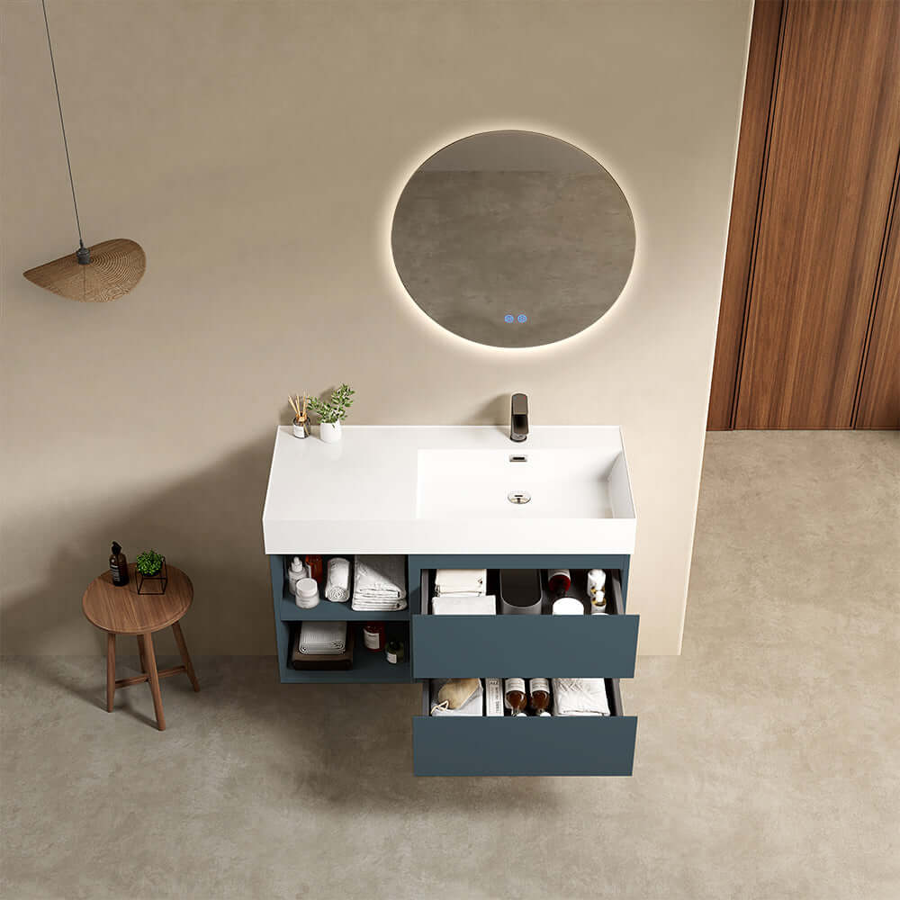 Mobile bagno sospeso 100 cm Blu Mare Lavabo a Destra in Resina Specchio Tondo Retroilluminato - Fiji Paint Plus