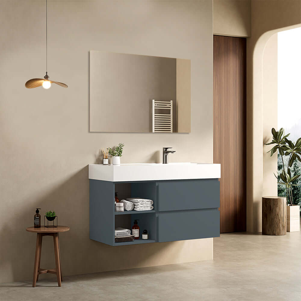 Mobile bagno sospeso 100 cm Blu Mare Lavabo a Destra in Resina Specchio Quadro - Fiji Paint Plus