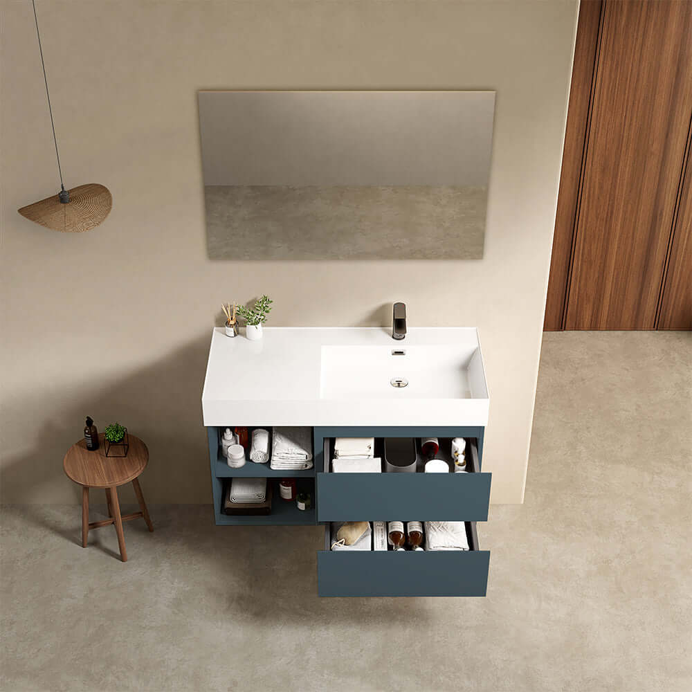 Mobile bagno sospeso 100 cm Blu Mare Lavabo a Destra in Resina Specchio Quadro - Fiji Paint Plus