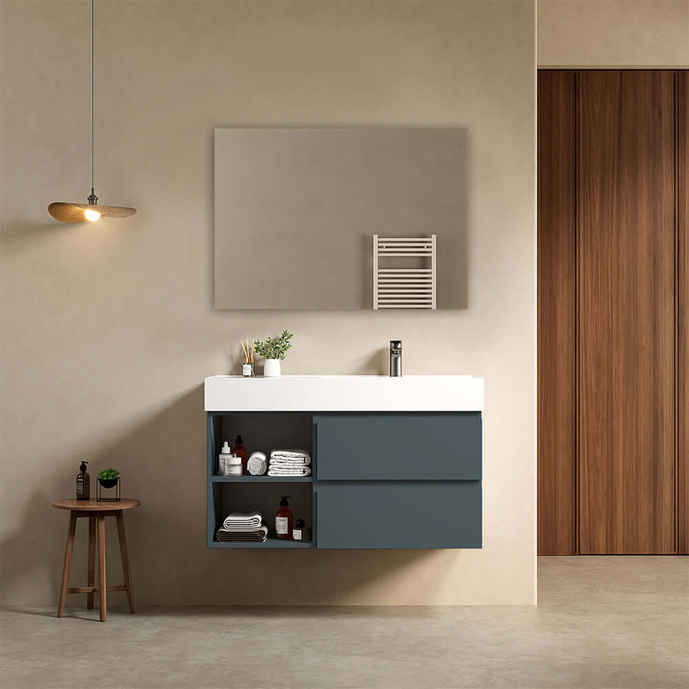 Mobile bagno sospeso 100 cm Blu Mare Lavabo a Destra in Resina Specchio Quadro - Fiji Paint Plus