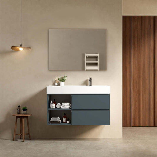 Mobile bagno sospeso 100 cm Blu Mare Lavabo a Destra in Resina Specchio Quadro - Fiji Paint Plus