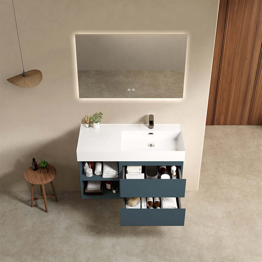 Mobile bagno sospeso 100 cm Blu Mare Lavabo a Destra in Resina Specchio Quadro Retroilluminato - Fiji Paint Plus