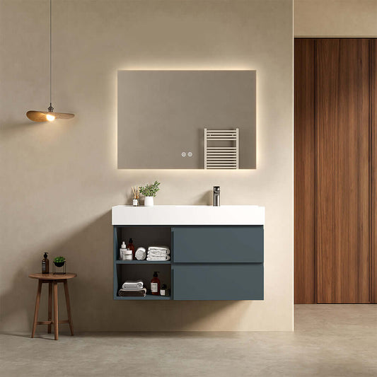 Mobile bagno sospeso 100 cm Blu Mare Lavabo a Destra in Resina Specchio Quadro Retroilluminato - Fiji Paint Plus