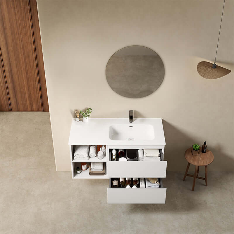 Mobile bagno sospeso 100 cm Bianco Opaco Lavabo a Destra in Ceramica Specchio Tondo - Fiji Paint Plus