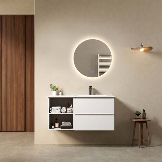 Mobile bagno sospeso 100 cm Bianco Opaco Lavabo a Destra in Ceramica Specchio Tondo Retroilluminato - Fiji Paint Plus