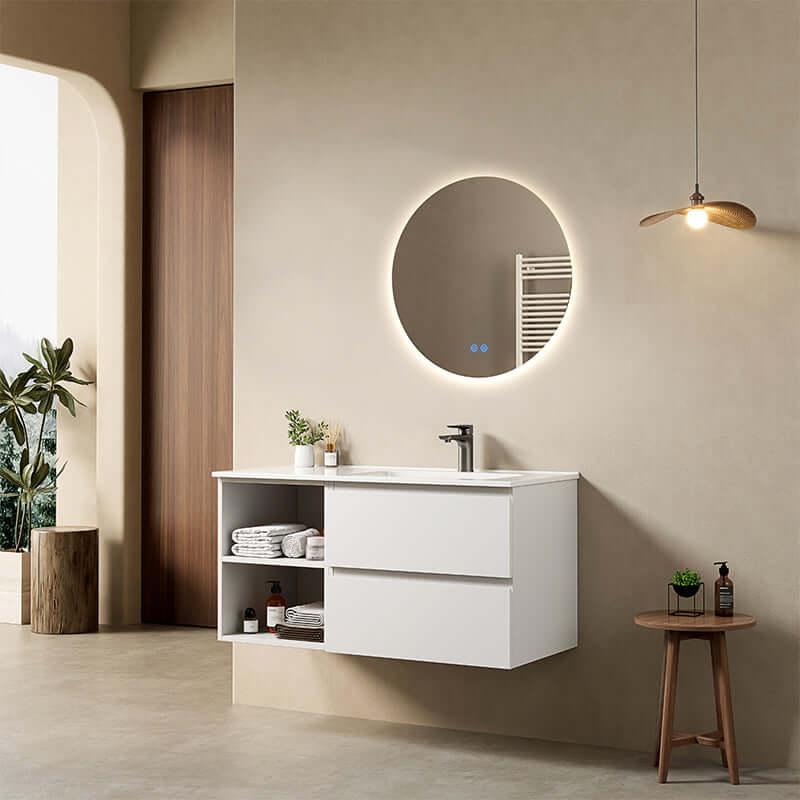Mobile bagno sospeso 100 cm Bianco Opaco Lavabo a Destra in Ceramica Specchio Tondo Retroilluminato - Fiji Paint Plus