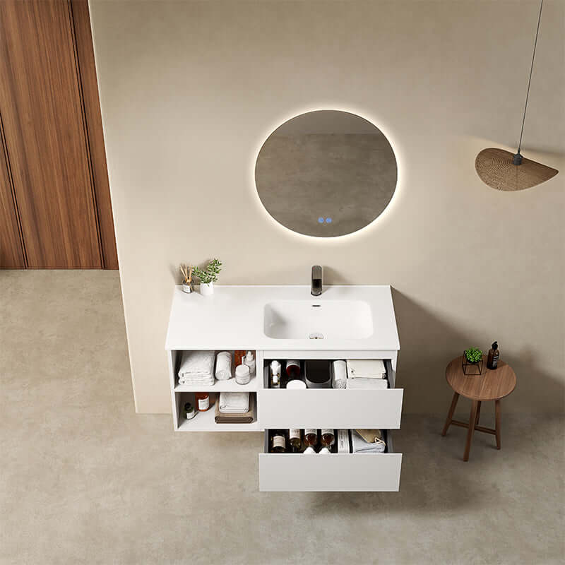 Mobile bagno sospeso 100 cm Bianco Opaco Lavabo a Destra in Ceramica Specchio Tondo Retroilluminato - Fiji Paint Plus