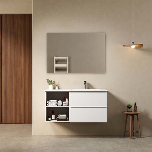 Mobile bagno sospeso 100 cm Bianco Opaco Lavabo a Destra in Ceramica Specchio Quadro - Fiji Paint Plus