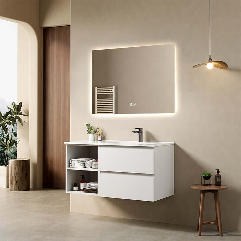 Mobile bagno sospeso 100 cm Bianco Opaco Lavabo a Destra in Ceramica Specchio Quadro Retroilluminato - Fiji Paint Plus