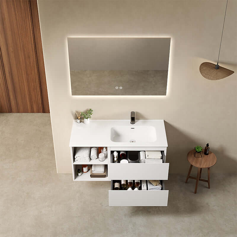 Mobile bagno sospeso 100 cm Bianco Opaco Lavabo a Destra in Ceramica Specchio Quadro Retroilluminato - Fiji Paint Plus