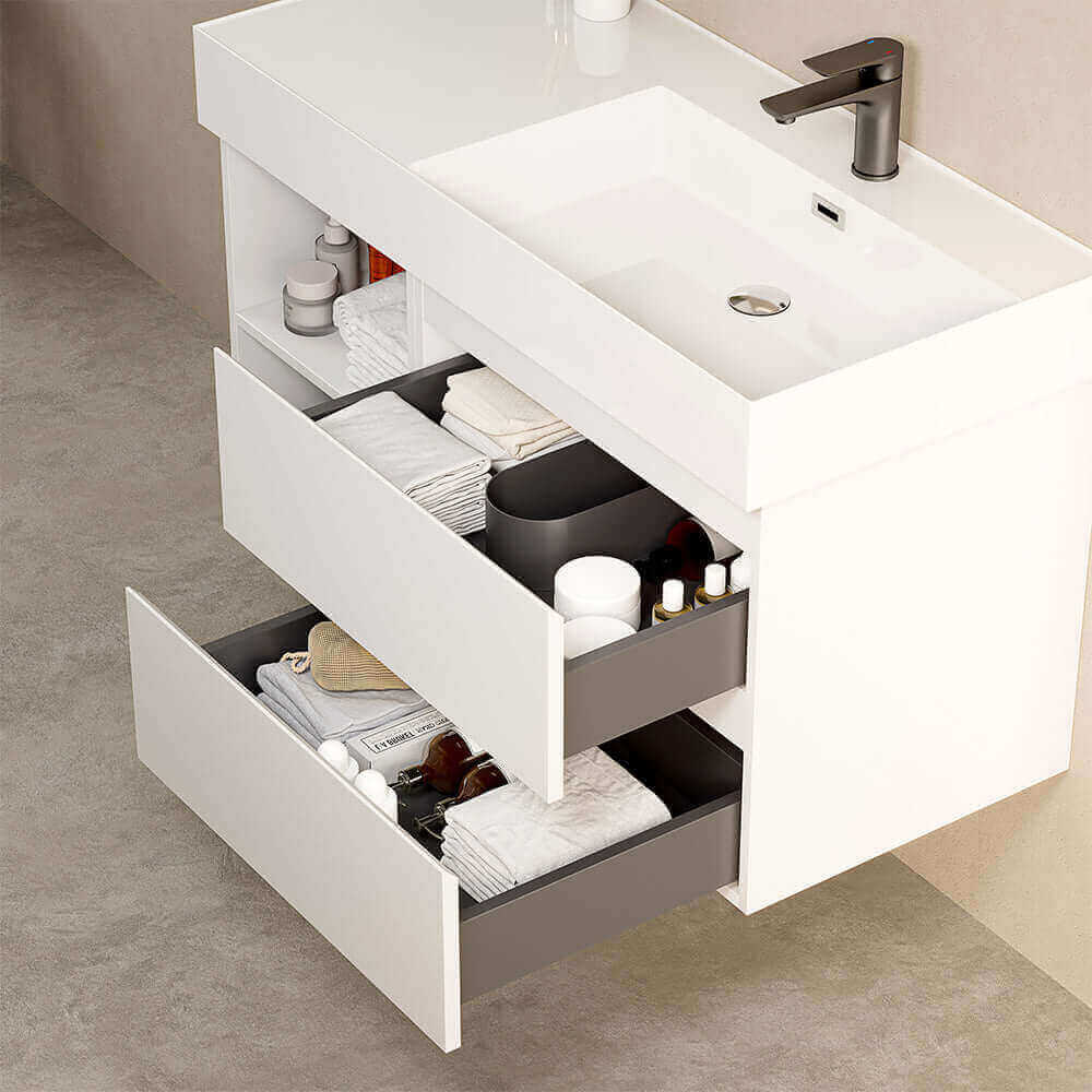 Mobile bagno sospeso 100 cm Bianco Opaco Lavabo a Destra in Resina Senza Specchio - Fiji Paint Plus